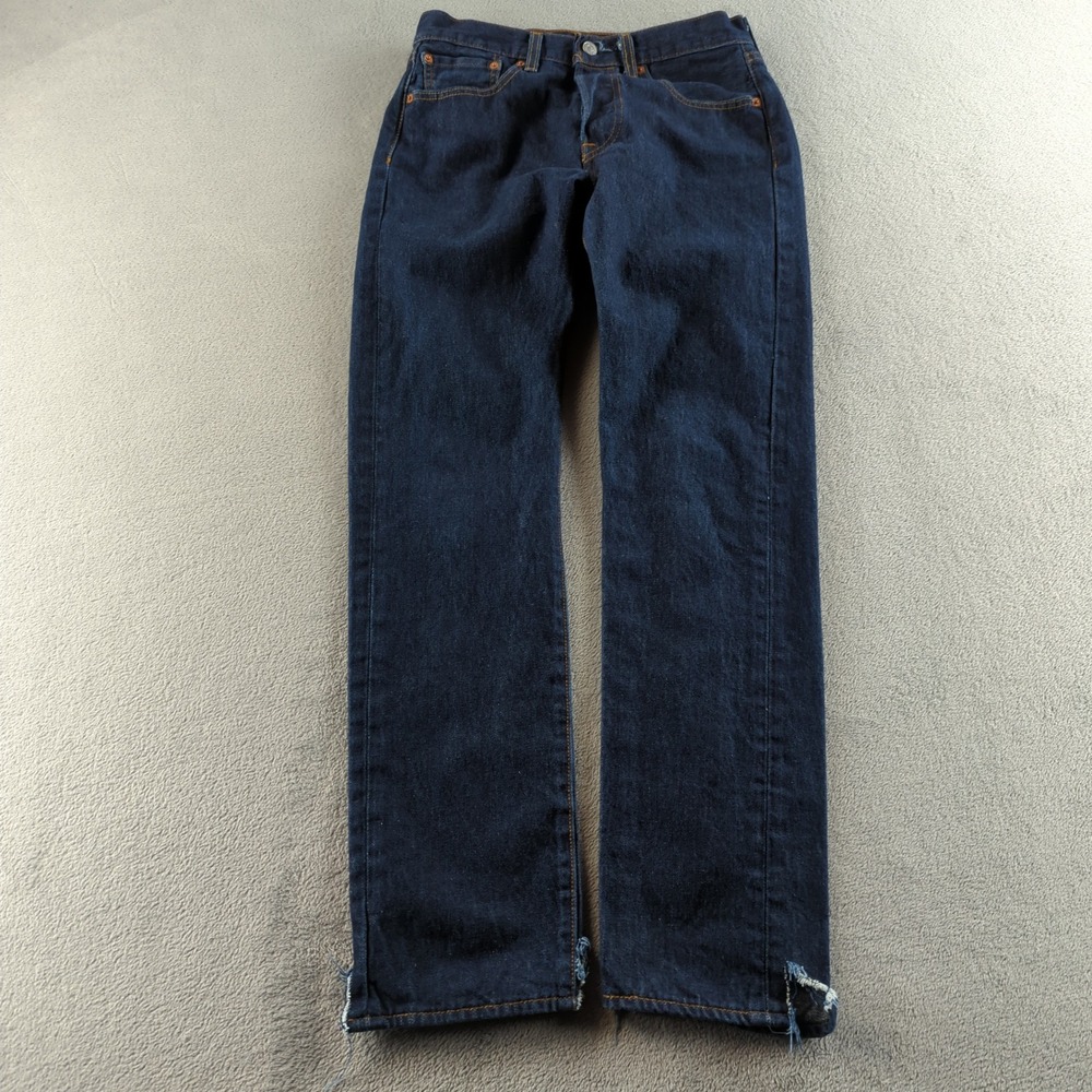 Levis 501 Jeans Mens 29x32 Blue Dark Wash Straight‎ Button Fly RAW DAMAGED CUFF